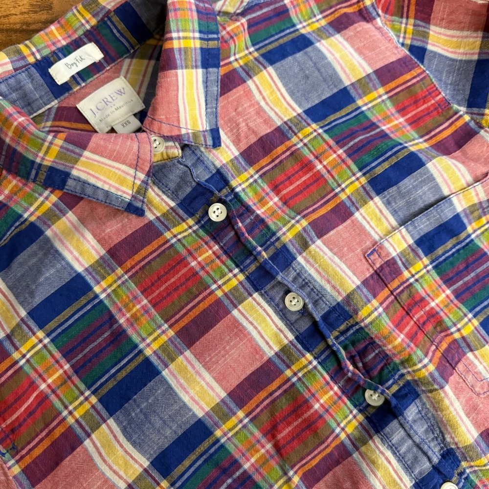 J Crew Women's Boy Fit Plaid Half Button Down Shirt XXS Extra Extra Small